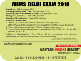 Staff Nurse AIIMS New Delhi Exam 2018