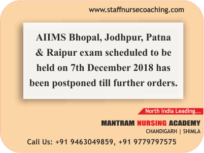 AIIMS Staff Nurse/Nursing Officer Recruitment Exam Dec. 2018 Postponed